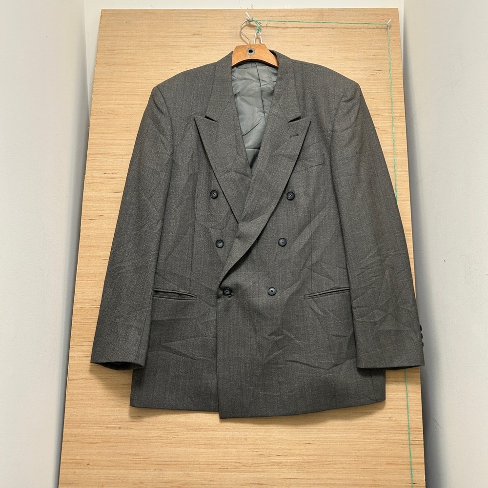 Givenchy Monsieur Gray Wool Windowpane Double Breasted Blazer Jacket Vintage 44R